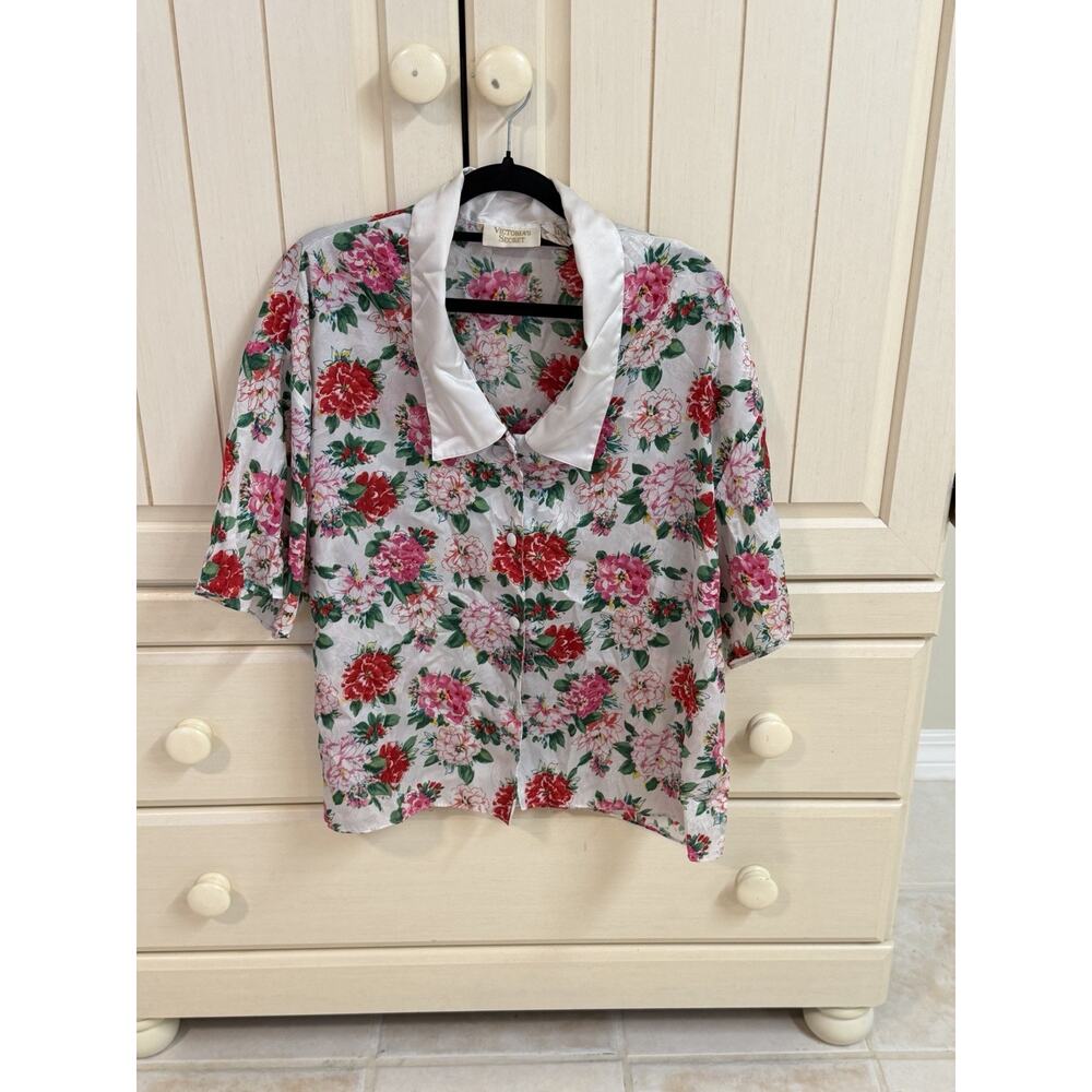 Victoria's Secret Vintage Button Down Floral PJ Top Shirt Size Large Satin